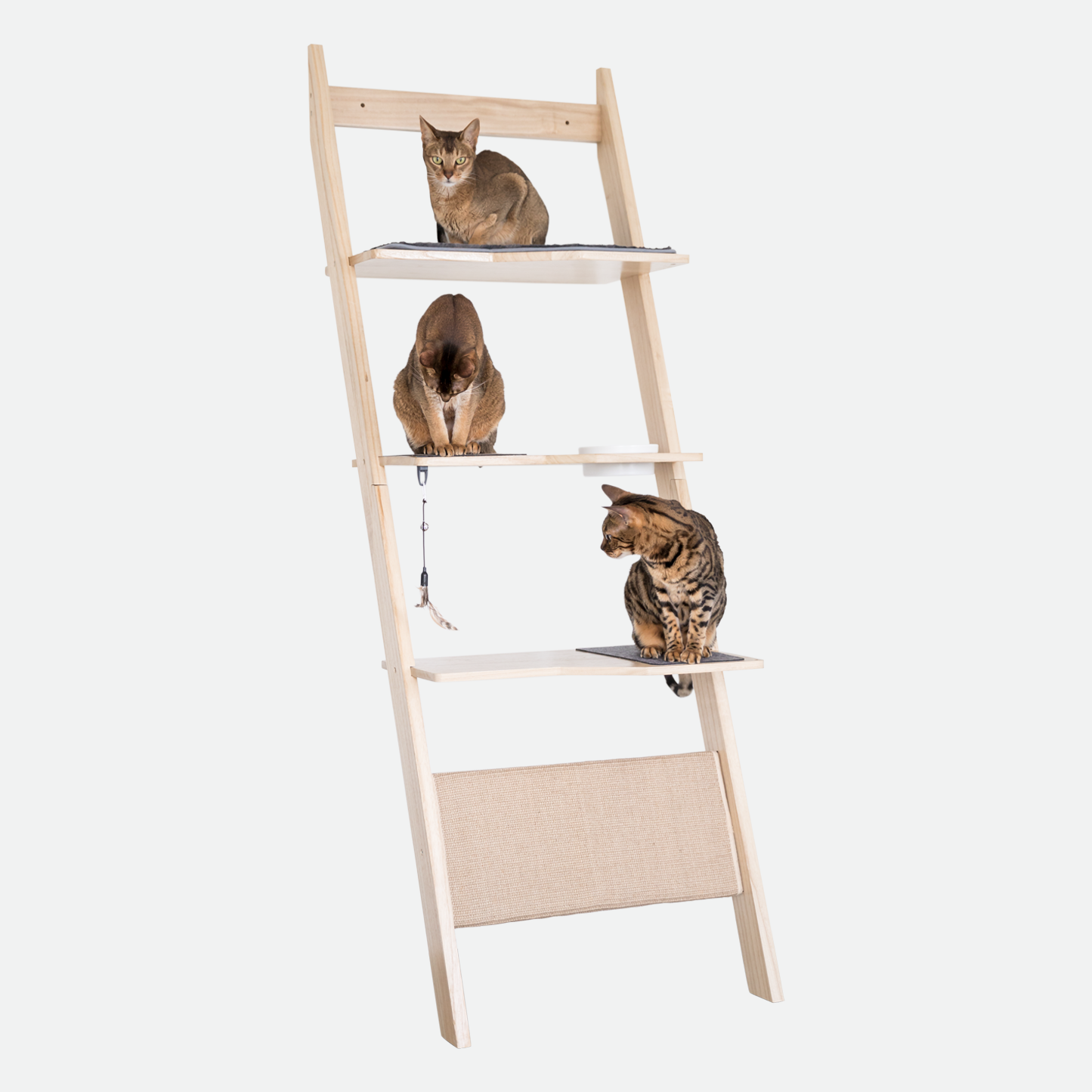 multi-story modern cat tree with accessories, beige wood