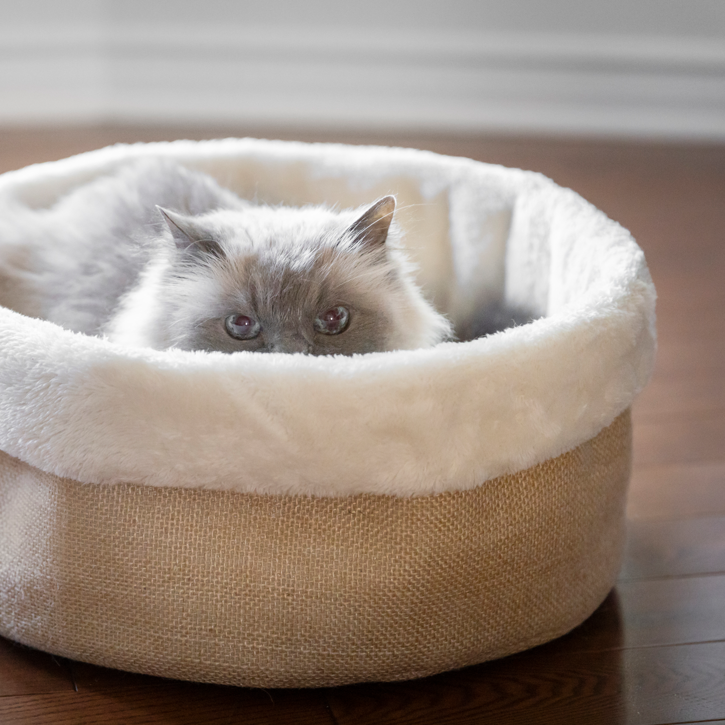Linen basket bed for cat and small dog, beige